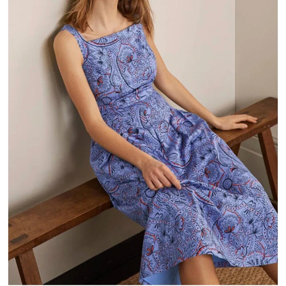 Boden Aubrey Paisley Cotton Midi Dress Pockets Hazy Blue Fit Flare Size 10